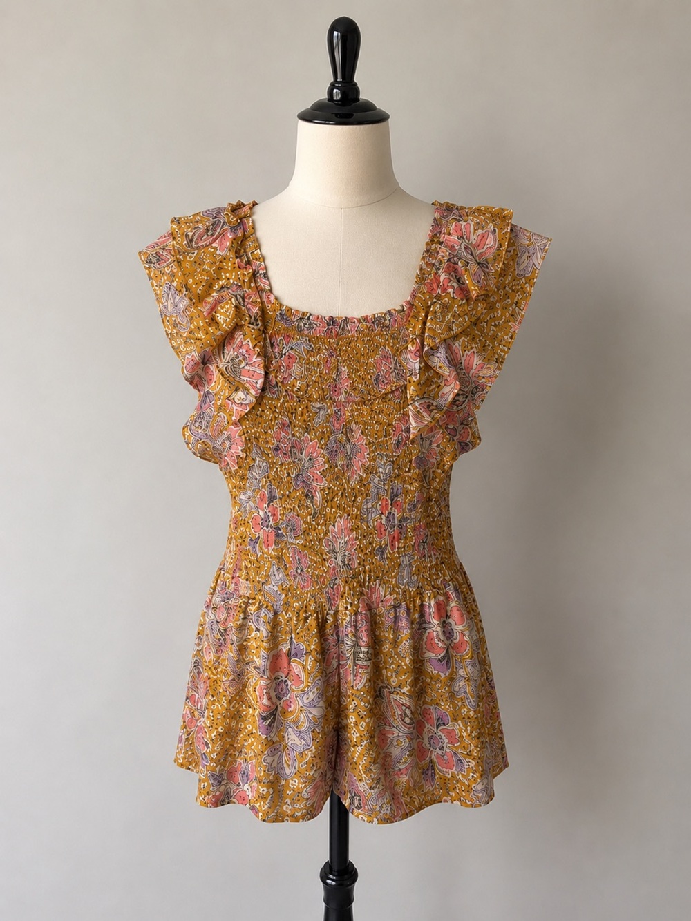 Nanette Lepore Smocked Floral Ruffle Top Mustard Yellow Boho Indie Milk Maid -M